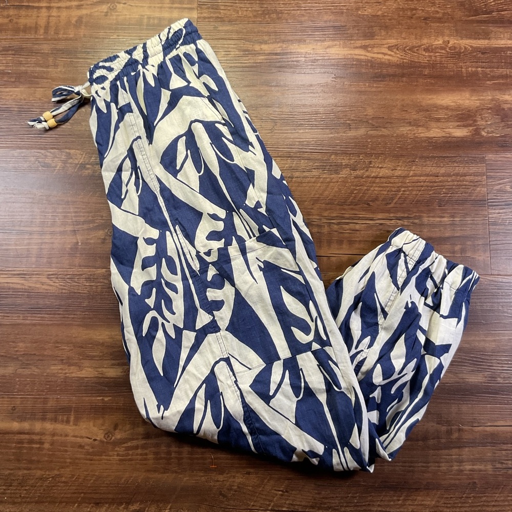 Rachel Zoe Blue and White Geometric Linen Joggers Drawstring